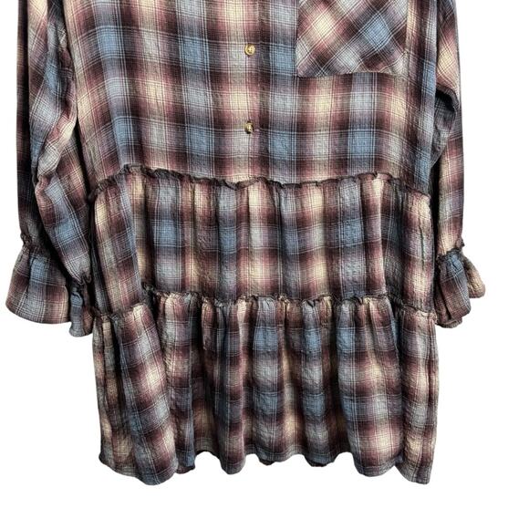 Vintage Havana Cream and Blue Plaid Button Front Long Sleeve Mini Dress - Picture 6 of 11